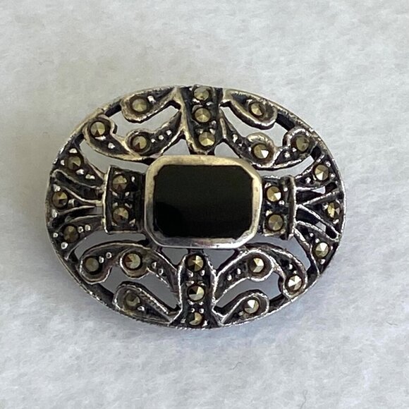 Sterling Silver 925 Dainty 0.89" Oval Black Onyx & Marcasite Brooch - Picture 7 of 16